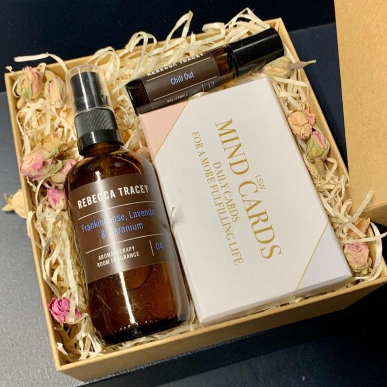 gift box of Rebecca Tracey room fragrance, roller ball and mindfulness cards