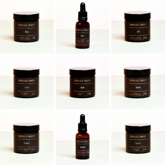 Collage of Rebecca Tracey skincare products including jars and a dropper bottle on a white background.