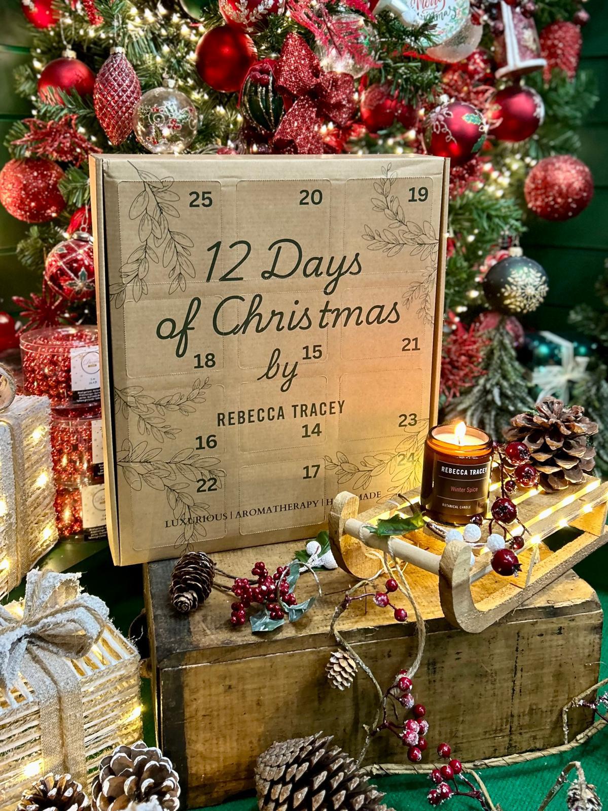 Advent calendar with '12 Days of Christmas' design in front of a decorated Christmas tree.