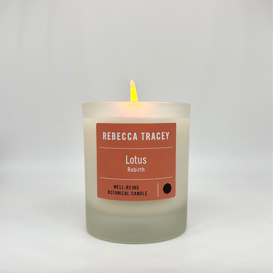 white glass, lotus label, orange, with flame