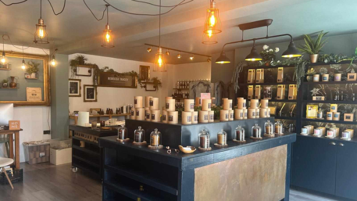 Interior of a store with shelves displaying various items and hanging lights.