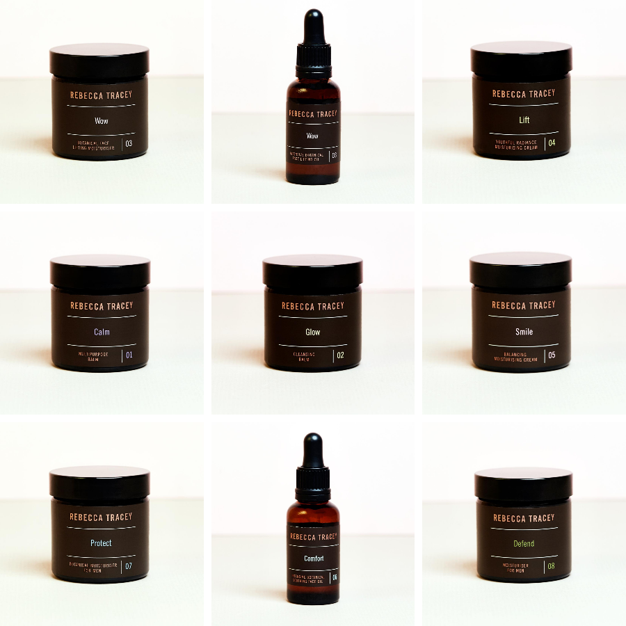 Collage of Rebecca Tracey skincare products including jars and a dropper bottle on a white background.