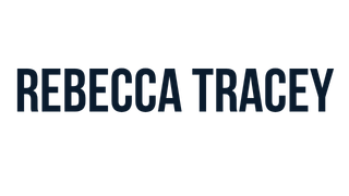 The text 'REBECCA TRACEY' is displayed in a clean, dark navy blue sans-serif font against a solid white background.